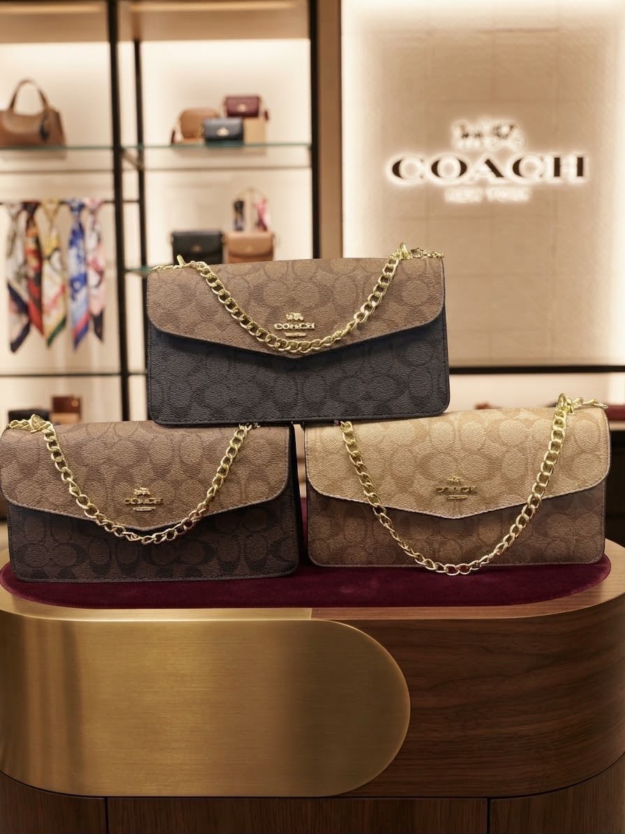 Luxury Signature Monogram Chain Bag – Coach Style Canvas Crossbody with Gold Chain | Premium Quality