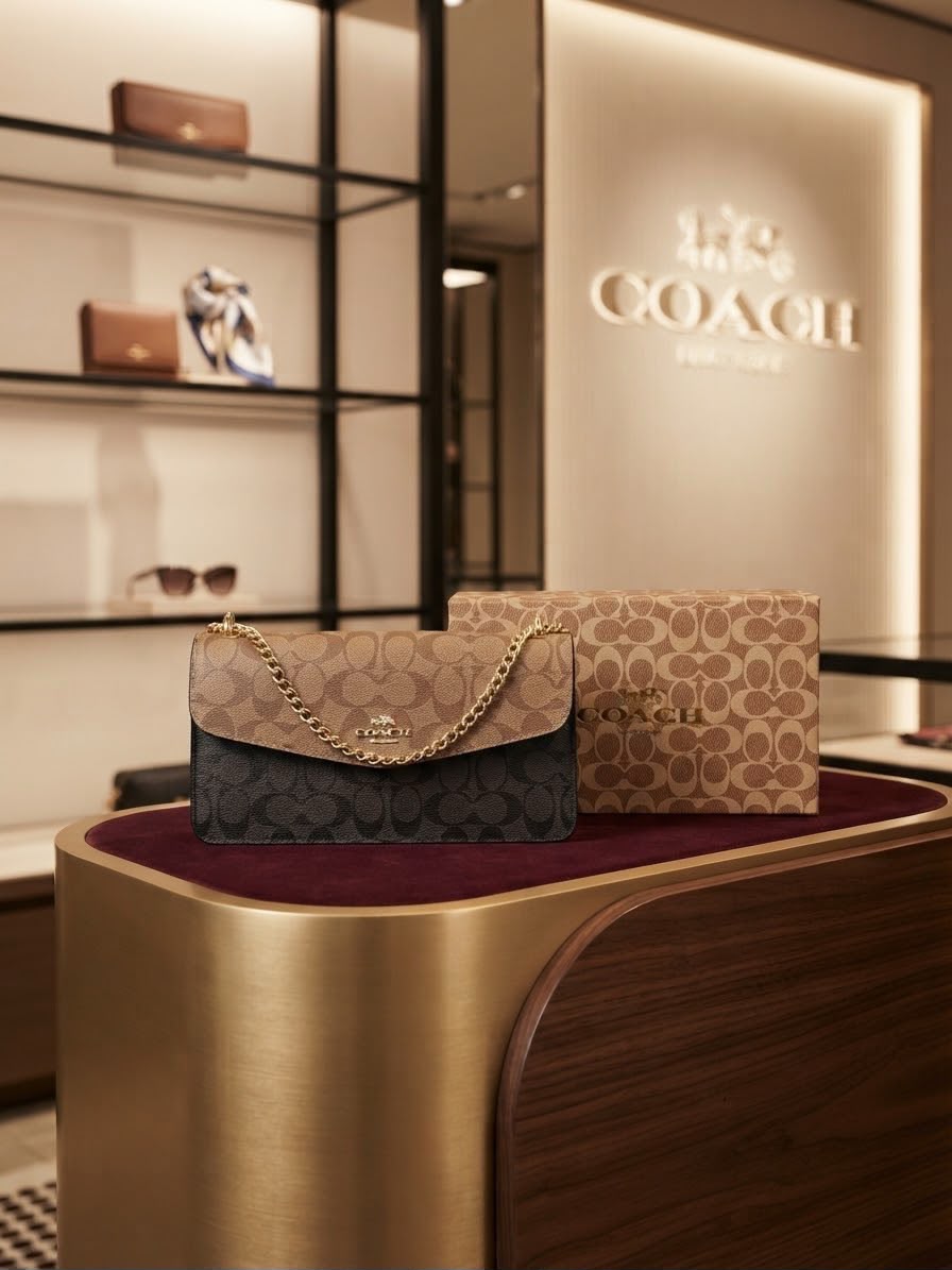 Luxury Signature Monogram Chain Bag – Coach Style Canvas Crossbody with Gold Chain | Premium Quality