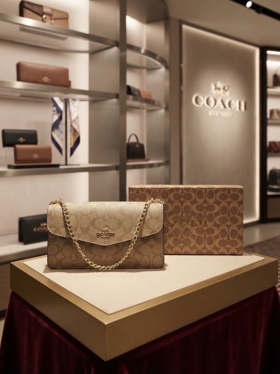 Luxury Signature Monogram Chain Bag – Coach Style Canvas Crossbody with Gold Chain | Premium Quality